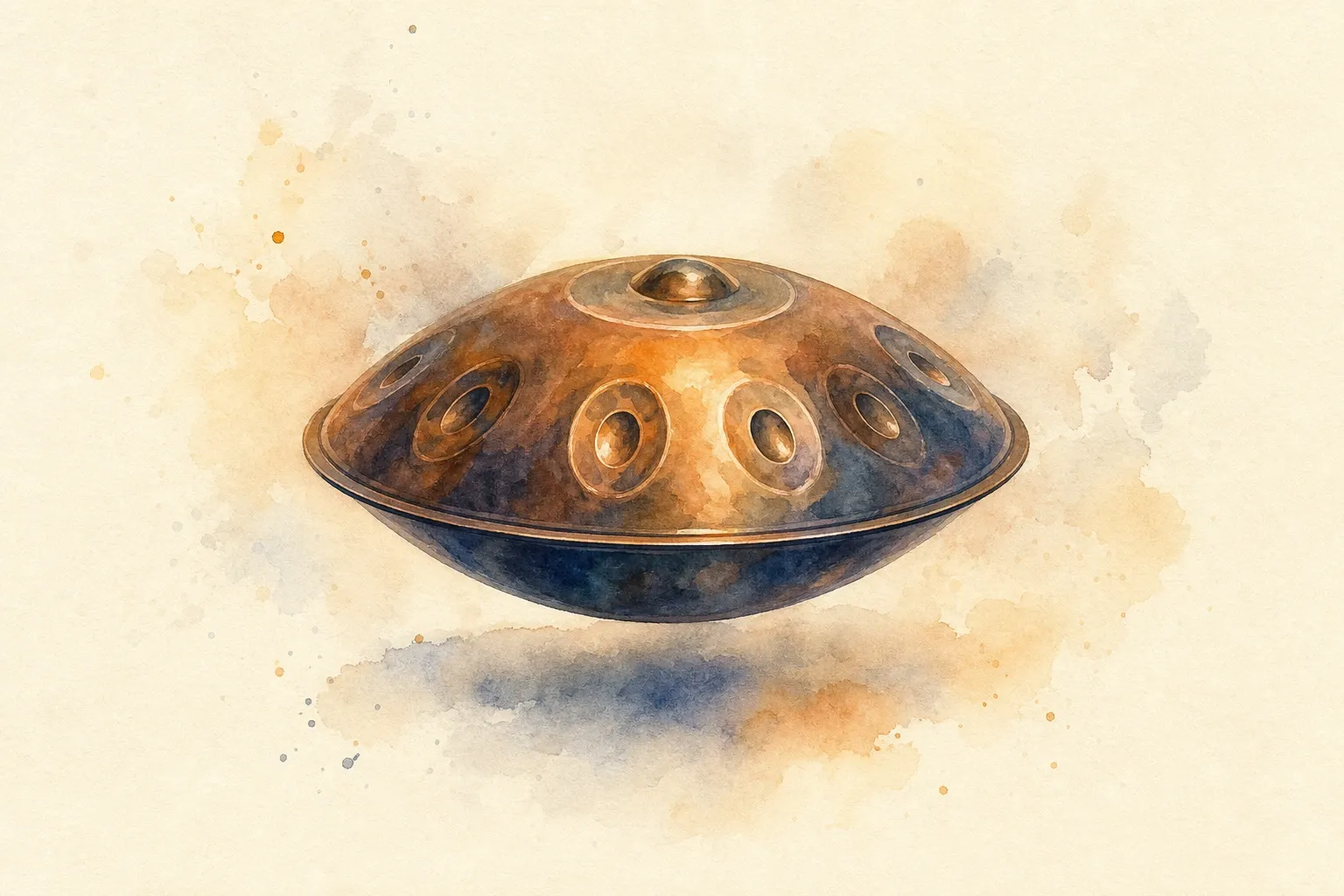Akwarela: handpan widziany z boku — spłaszczona metalowa czasza z wgłębieniem pośrodku i pierścieniem mniejszych pól tonowych dokoła