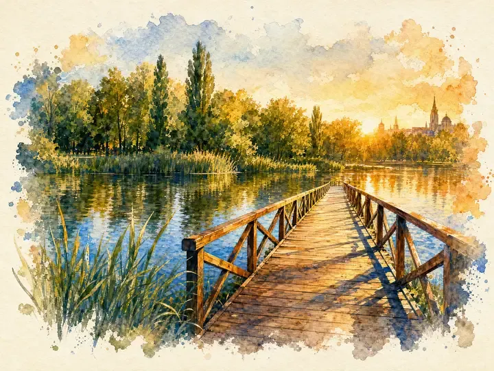 Akwarela: drewniane molo nad Stawami Jana w Łodzi, spokojna tafla wody