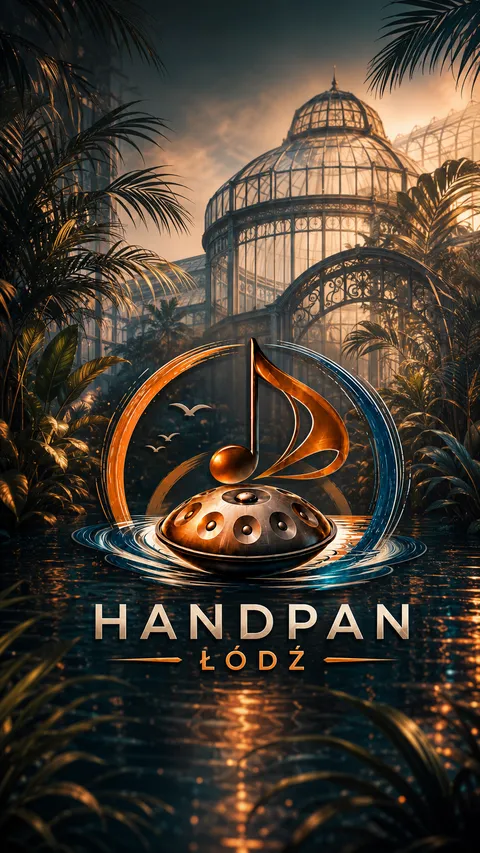 Tapeta: handpan na wodzie wśród palm, w tle szklana kopuła palmiarni w złotym świetle
