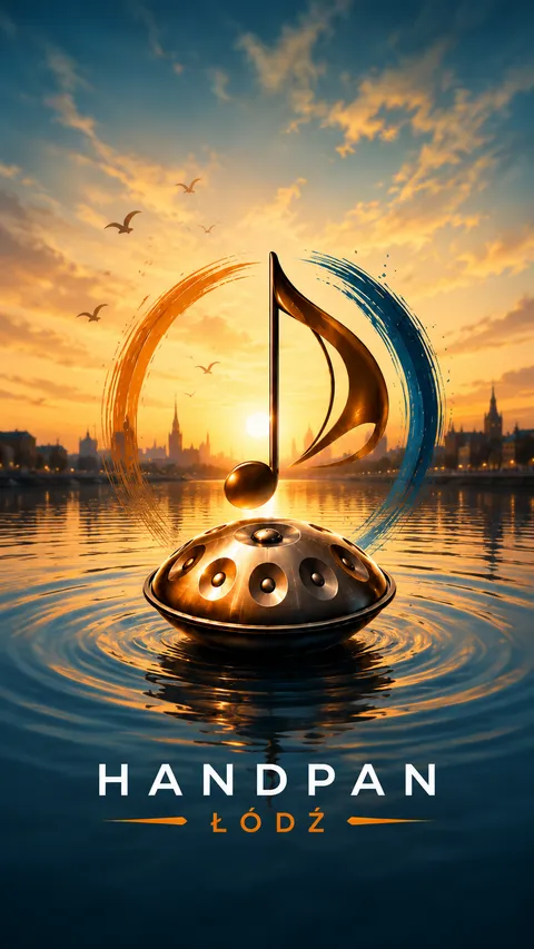 Tapeta: logo Handpan Łódź nad handpanem na tafli wody o zachodzie słońca, w tle panorama miasta